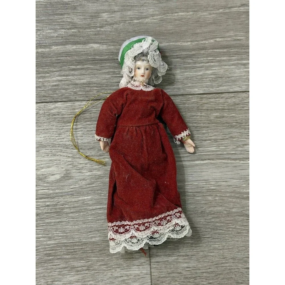 VTG Victorian Style Porcelain Woman Doll Red Velvet Dress/Holly Bonnet Ornament